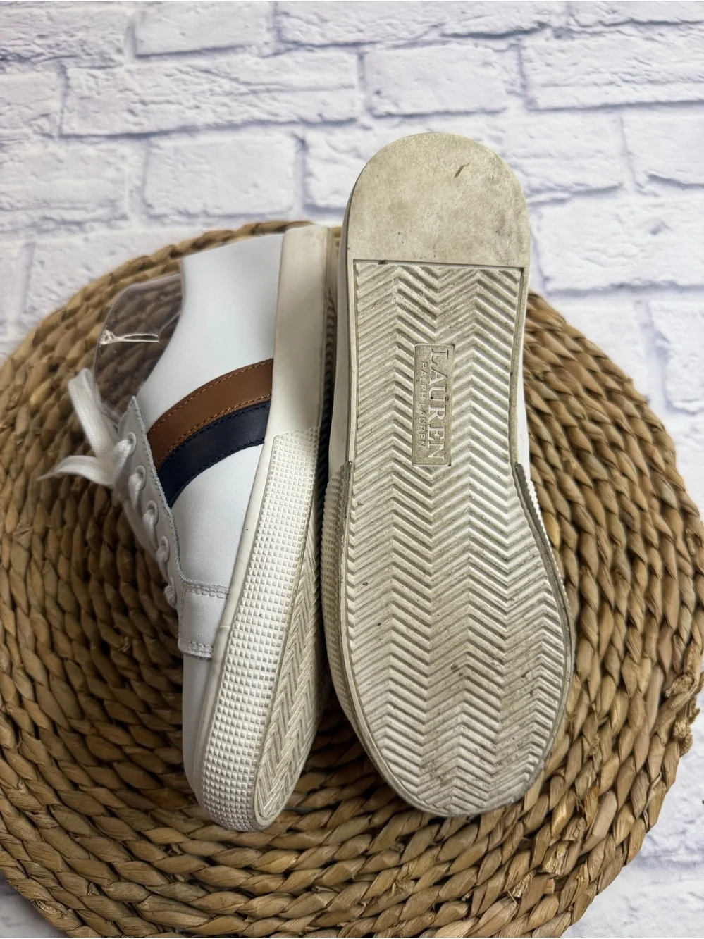 Ralph Lauren White Leather Sneakers w/Brown & Navy Stripe. Size 8. Preppy.